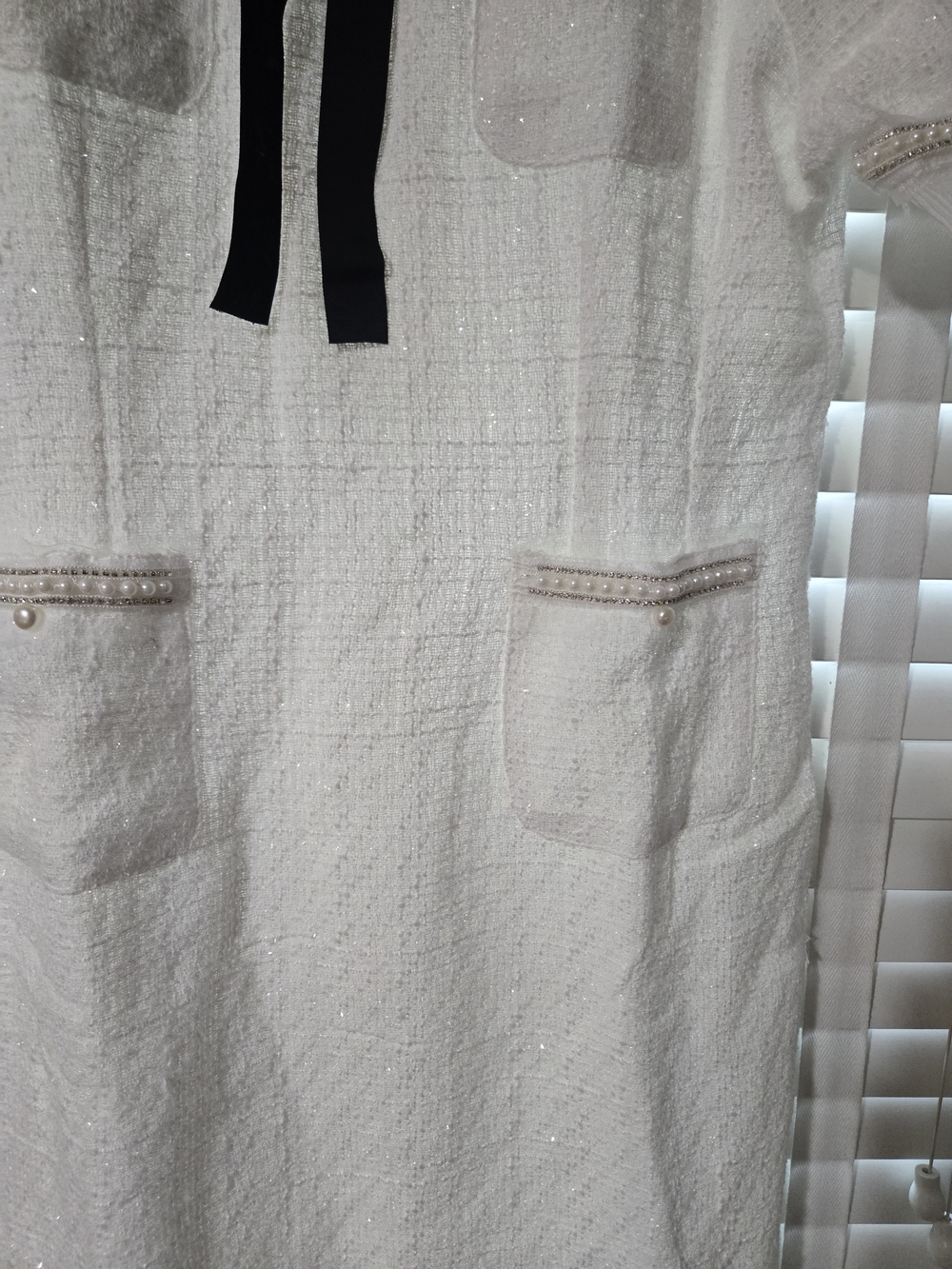 NWOT Elegant White Tweed Midi Dress with Black Ribbon Detail and Pearl Trim - Picture 5 of 7